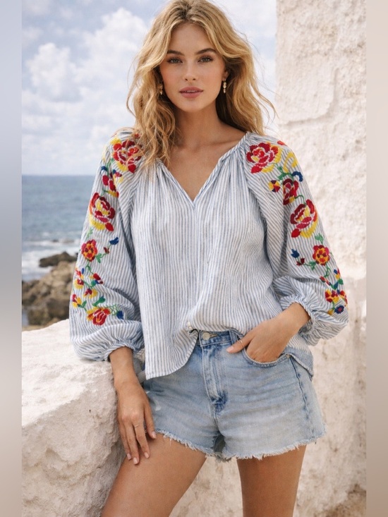 Philosophy Tops - Philosophy Women’s Linen Floral Embroidered Blouse Boho Coastal Stripe Top Sz S